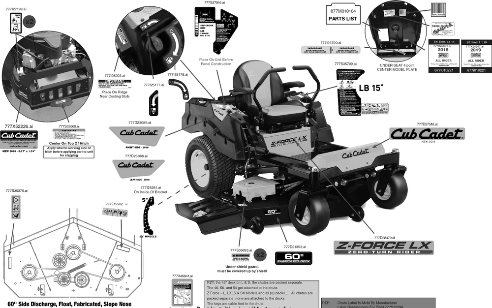 Label Map Diagram and Parts List for Z-FORCELX60KW (17RIDAUD010)(2019) Cub Cadet Lawn Tractor